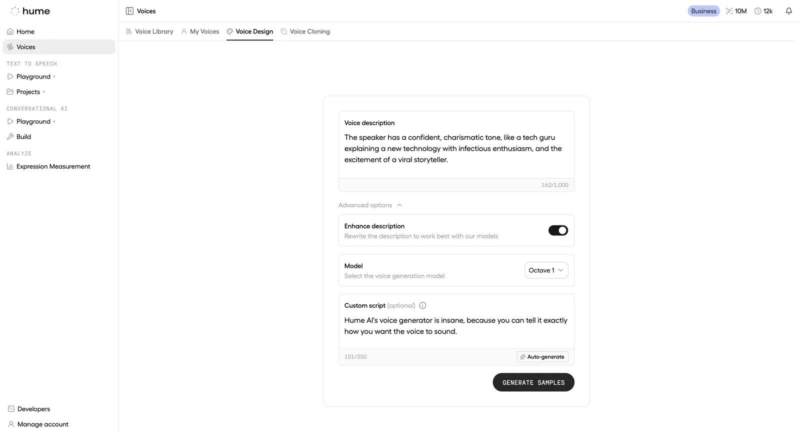 Voice design text and prompt