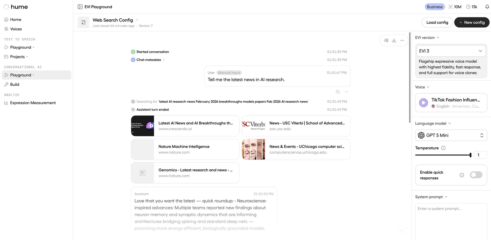 Ask EVI what is the latest news with AI research