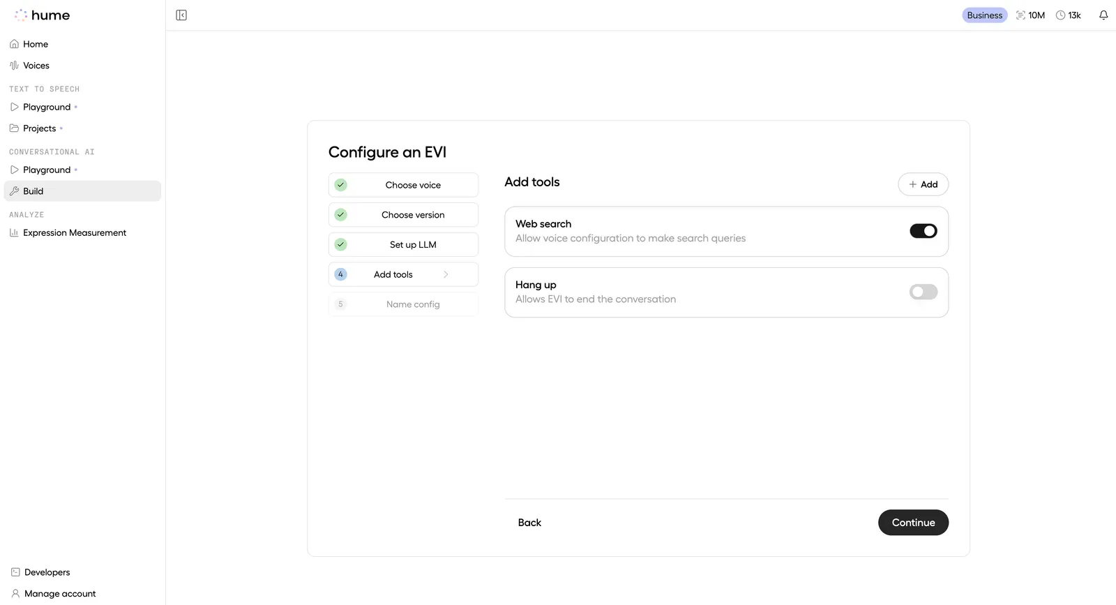 Adding tools, the sixth step of EVI configuration