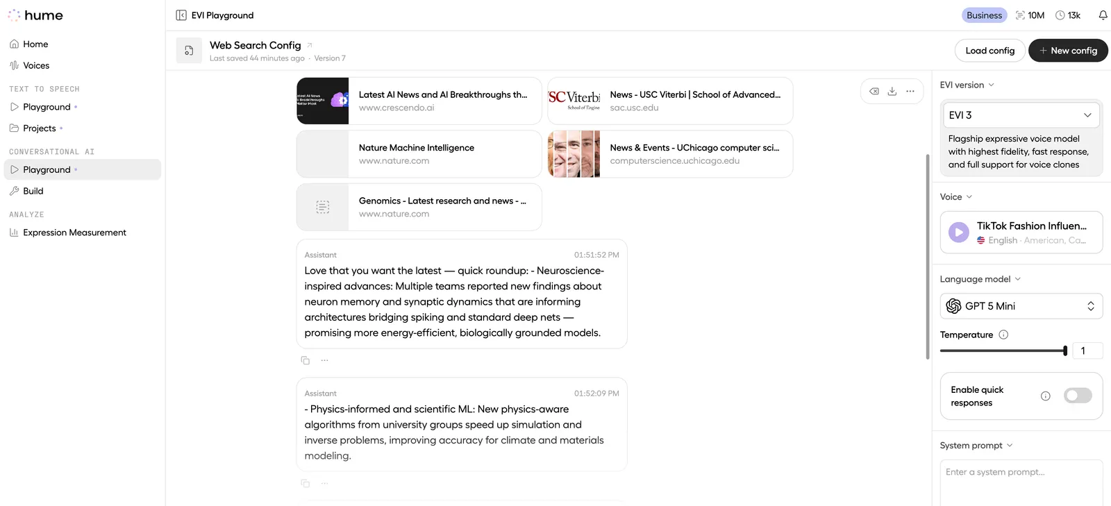 EVI sends a response generated from web search results