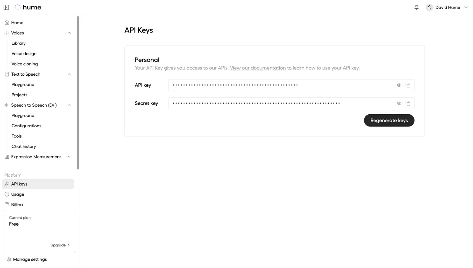 API keys view within the Hume Platform
