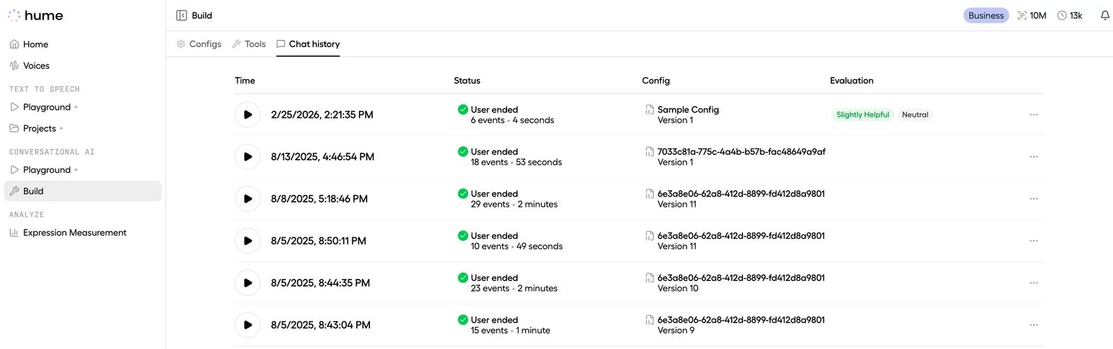 Platform UI chat history page