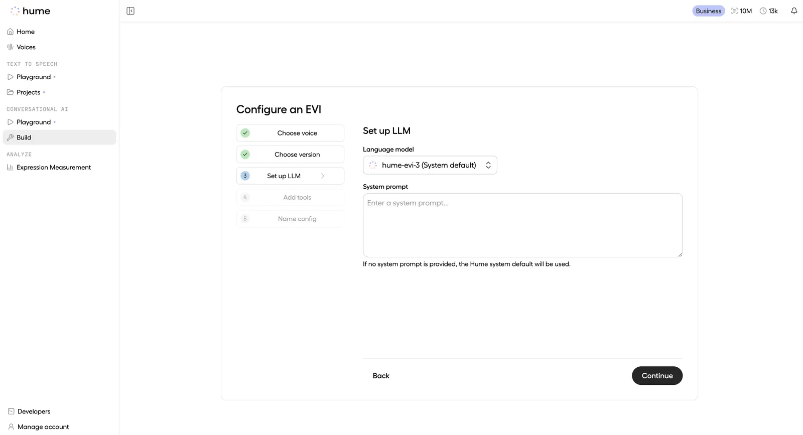 Setting up the LLM, the fifth step of EVI configuration